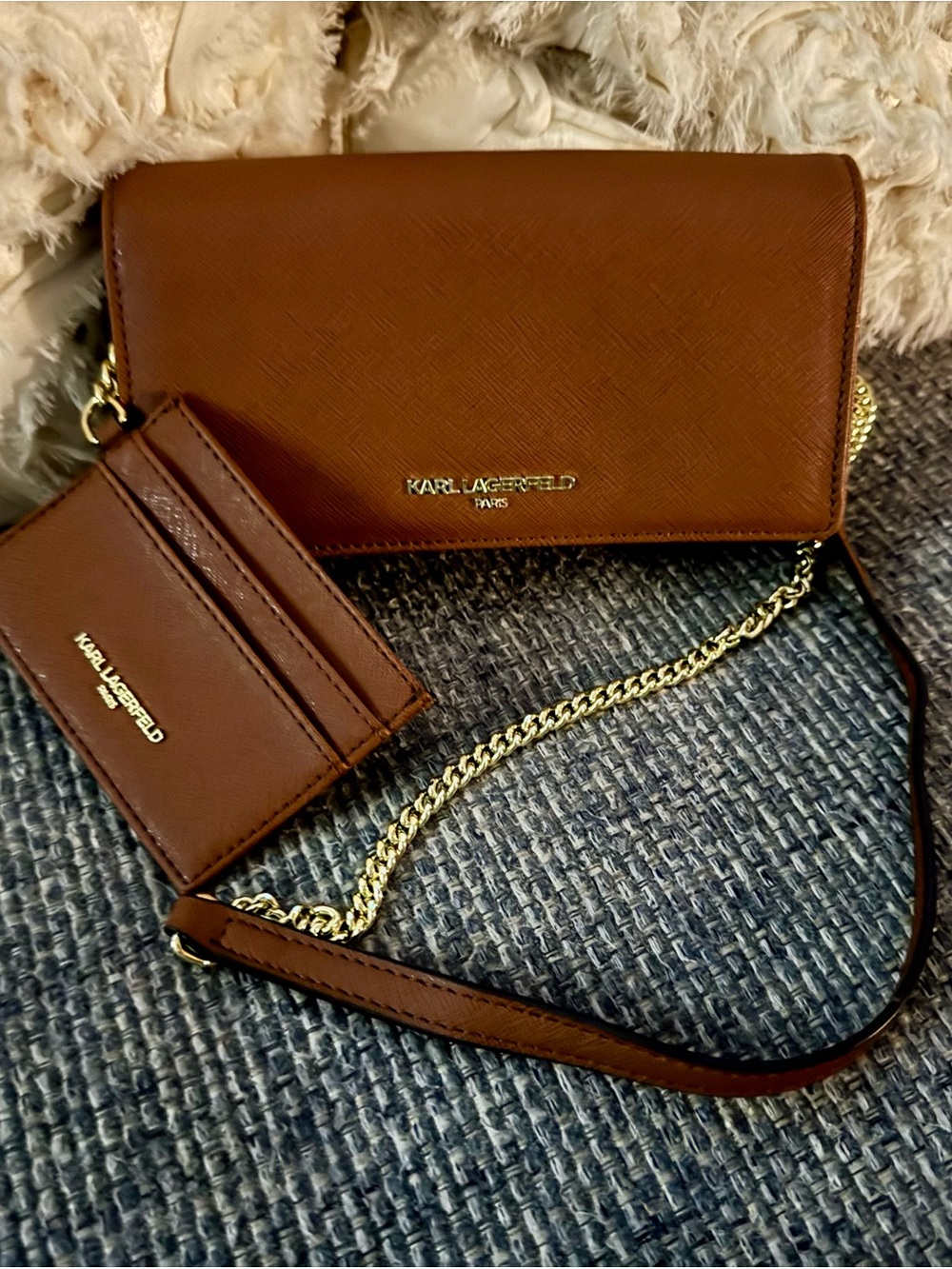 Karl Lagerfeld Brown Saffiano Crossbody with Gold Chain and Cardholder